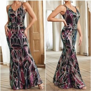 Stunning Abstract Shimmering Strappy Back Fit and Flare Evening Gown